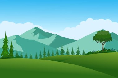 Mountains landscape with green meadows and trees in the morning. Vector illustration. clipart