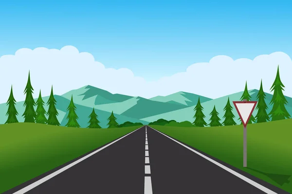 田舎道をまっすぐ空の道 緑の丘 牧草地や山 夏の風景ベクトル図 — ストックベクタ