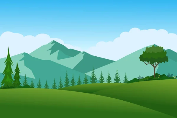 Горный Пейзаж Зелеными Лугами Деревьями Утрам Векторная Иллюстрация — стоковый вектор