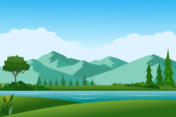 Montaña Lago Paisaje Vector Ilustración Con Prados Verdes Árboles Mañana — Vector de stock