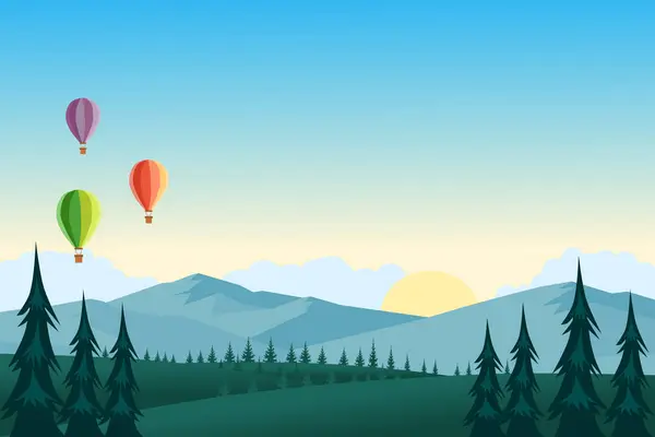 Bunte Heißluftballons Fliegen Über Die Berglandschaft Grüne Wiesen Und Bäume — Stockvektor