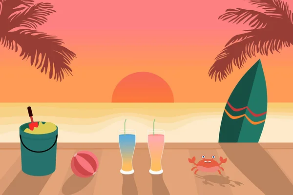 Hermosa Puesta Sol Verano Playa Con Tabla Surf Bebidas Vector — Vector de stock