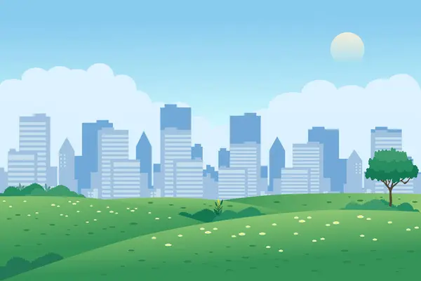 シティパーク 緑の草地 牧草地 背景にある建物のパノラマ風景 — ストックベクタ