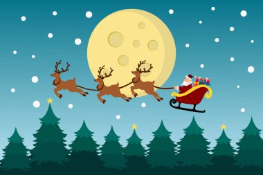 Noel Baba 'nın gece kızakla gökyüzünde dolunay, kar ve Noel ağaçlarıyla birlikte ren geyikleriyle uçtuğu mutlu Noeller. vektör illüstrasyonu.