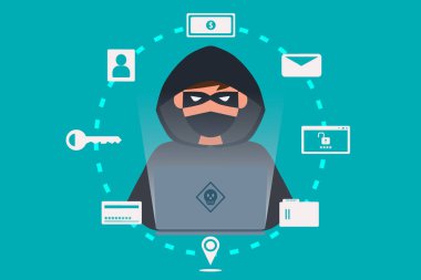 Kullanıcı kişisel bilgilerini çalan bir bilgisayar korsanı ya da siber suçlu. İnternet phishing kavramı vektör illüstrasyonu.