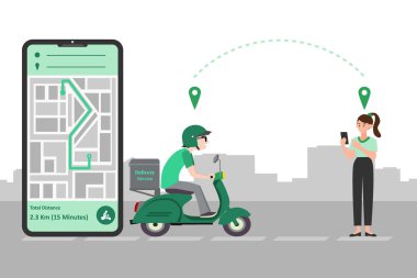 Mobiletle hızlı teslimat servisi. İnternetten yemek siparişi. E-ticaret kavramı.