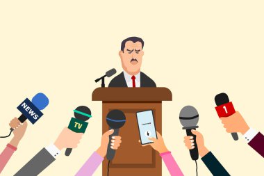 Basın toplantısı konsepti. Seyirciye konuşan adam. Gazeteci ya da basın mensupları mikrofon ve akıllı telefonla. Vektör illüstrasyonu.