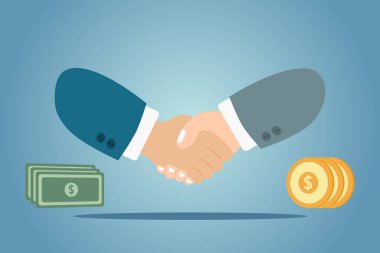 El sıkışma hareketi ve para. İş ortakları tokalaşır. Başarılı bir alışveriş, anlaşma ya da iş anlaşması. Vektör illüstrasyonu.