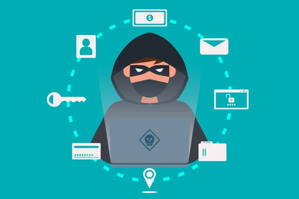 Kullanıcı kişisel bilgilerini çalan bir bilgisayar korsanı ya da siber suçlu. İnternet phishing kavramı vektör illüstrasyonu.