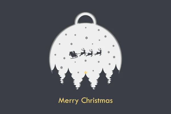 Noel Baba 'nın gece kızakla gökyüzünde ren geyikleriyle, karla ve Noel ağaçlarıyla uçtuğu mutlu Noeller. Vektör illüstrasyonu.