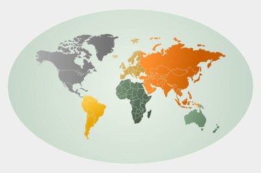 Vektör dünyası haritası oval biçimde. Yeşil ve turuncu renkler.