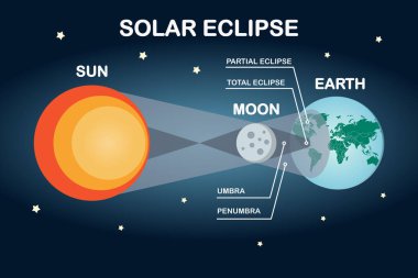Sun, moon, and earth solar eclipse infographic. Flat style vector illustration. clipart