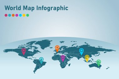 World map infographic with color pointers. Vector illustration. clipart