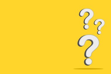 Sarı arka planda üç beyaz soru işareti var. Vektör illüstrasyonu.