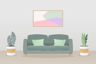 Oturma odasının iç tasarımı, kanepe, resim ve bitki. İç mekan. Vektör illüstrasyonu.