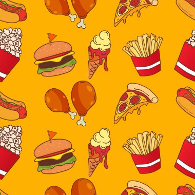 Fast food elementleri sarı arkaplan vektör illüstrasyonunda kusursuz desen oluşturuyor. Kolayca değiştirilebilir vektör ögeleri.