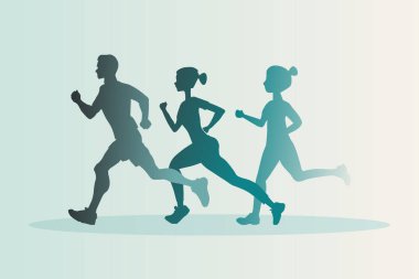 Bir grup maraton koşucusu. Koşan erkekler ve kadınlar. Spor vektörü illüstrasyonu.
