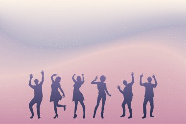 Renkli bir geçmişi olan bir grup mutlu dansçı erkek ve kadın. Yeni yıl partisi konsepti. Vektör illüstrasyonu.