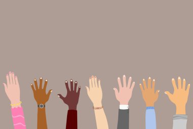 Çok ırklı insanların ellerini kaldırdı. Gönüllü grup konsepti. Vektör illüstrasyonu.