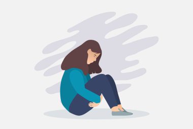 Depresyondaki kadın. Genç üzgün kız oturuyor ve mutsuz bir şekilde dizlerine sarılıyor. Vektör illüstrasyonu.