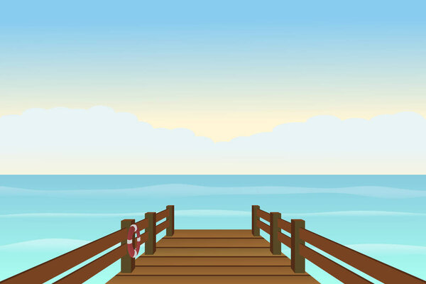 Seashore wooden pier with life-buoy on sunny day. Vector illustration.