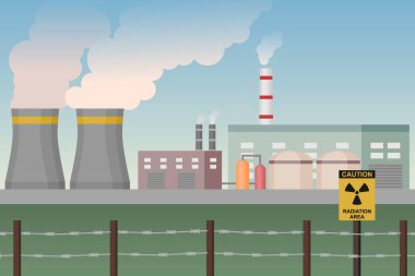 Dikenli çitli nükleer santral. Yasak bölge. Enerji üretim tesisi. Vektör illüstrasyonu.