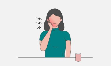 Bir kadın diş ağrısı yüzünden yanağını tutuyor. Vektör illüstrasyonu.