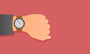 Sol eldeki kol saati. Saati olan adam zamanı kontrol ediyor. Vektör illüstrasyonu.