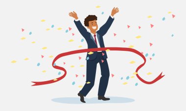 Başarıyı kutlayan bir iş adamı. Konfeti ve kurdeleli Afrikalı Amerikalı bir işadamı. Başarı kavramı elde edildi. Vektör illüstrasyonu.