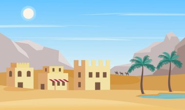 Gün ışığında vaha, ev ve palmiye ağaçlarıyla çöl manzarası. Çöldeki Arap şehri. Vektör illüstrasyonu.