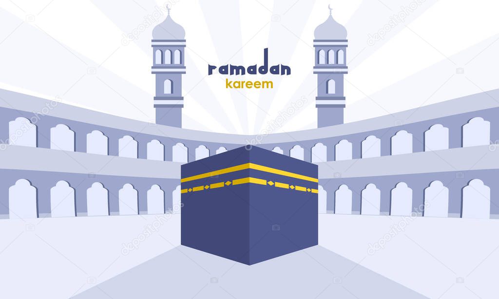 Kaaba in Al-Haram Mosque at Mecca, Saudi Arabia. Ramadan Kareem background concept. Vector illustration.