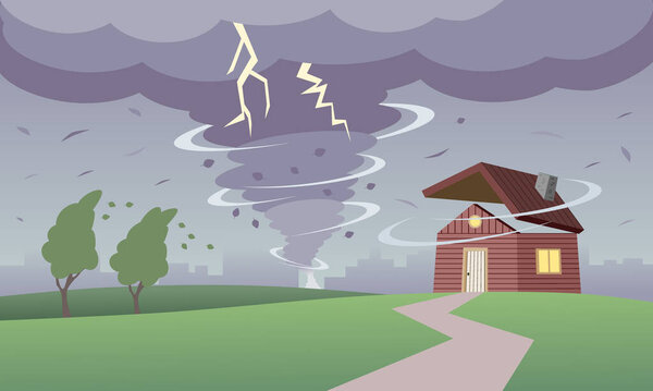 Плохой погодный ландшафт с ураганом торнадо и домом, поврежденным вихрем. Векторная иллюстрация.