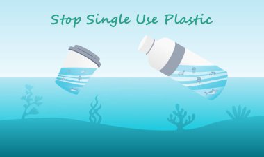 Tek kullanımlık plastik kampanyayı durdurun. Plastik çöplere karşı protesto. Vektör illüstrasyonu.