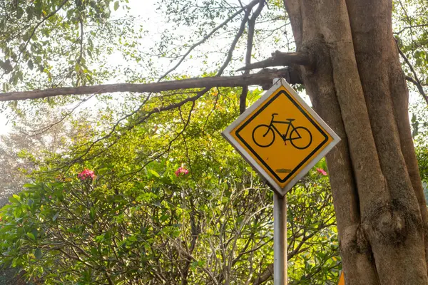 Bicycle signs with shady trees in the background. Bicycle road sign.