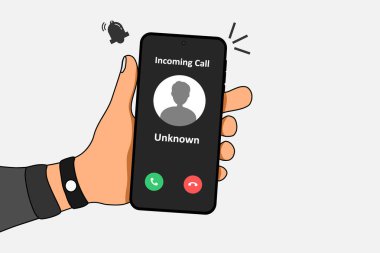 Ekranda bilinmeyen bir numaradan aranan akıllı bir telefon var. Spammer gelen çağrı konsepti. Vektör illüstrasyonu.