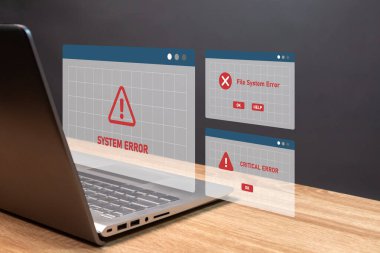 Operasyon hatası mesajı olan bir laptop. Sistem hatası, dosya sistemi hatası veya kritik hata.