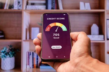 Kredi almak için kredi skorunu kontrol etmek için elinde bir akıllı telefon var. Çevrimiçi kredi puanı kontrol kavramı.