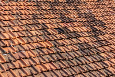 Bir yerleşim yerinin fayanslı çatısının yakın görüntüsü. Tipik Endonezya çatısı.