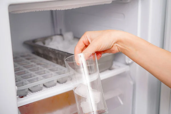 Menina Coleta Cubos Gelo Congelados Congelador Para Preparar Refrigerantes — Fotografia de Stock