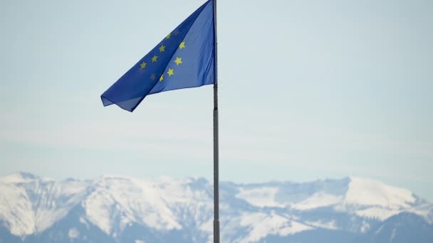Blue Flag European Union Flies Backdrop Alpine Snowy Mountains Concept — Stock Video