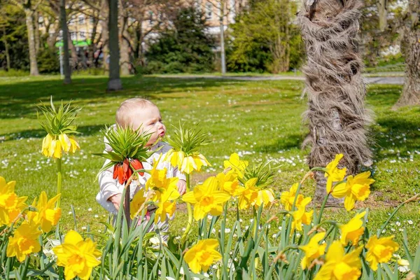 Kislány Néz Félre Virágok Között Egy Tavaszi Napon — Stock Fotó