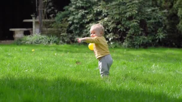 Sarı Toplu Küçük Bir Çocuk Yeşil Çimenlerde Yürür Düşer Tekrar — Stok video