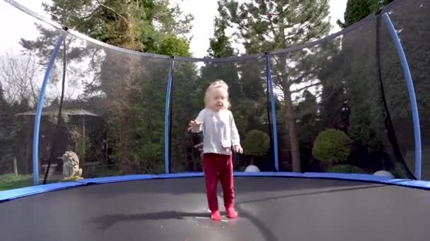 Küçük Bir Kız Trambolinde Zıplıyor Çeşitli Akrobatik Hareketler Yapıyor Çocuklar — Stok video