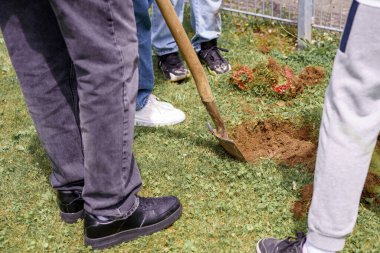 Okuldaki çocuklar tarım eğitimi alıyor ve genç ağaçlar dikiyorlar..