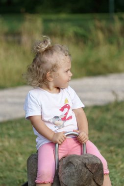 Küçük bir kız parkta dikey salıncakta sallanıyor..