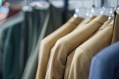 Mağazada satılık erkek takımları var..