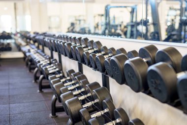 Fitness ve vücut geliştirme için spor salonundaki raflarda duran dambıllar..