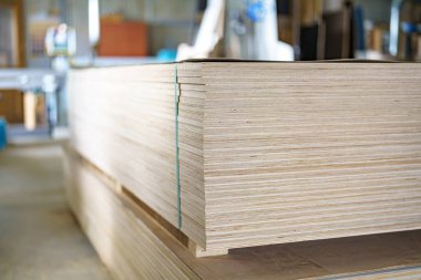 Marangozluk atölyesinde boş mobilya yapmak için bir yığın çip ve MDF tahtası. Mobilya üretim tesisi.