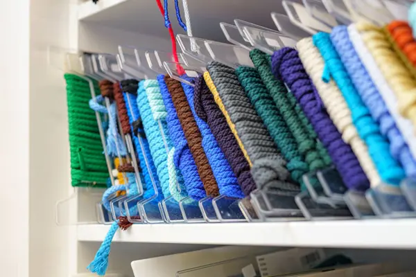 Renkli tekstil ipleri, kumaş ipleri, mağazada satılık aksesuarlar..