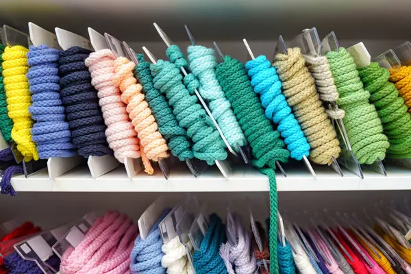 Renkli tekstil ipleri, kumaş ipleri, mağazada satılık aksesuarlar..